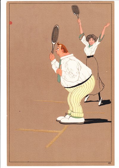 Een Prent van Twee Tennisspelers in Komische en Humoristische Houdingen, ca. 1920 door English School
