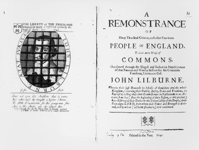 Een protest van de Levellers aan het Lagerhuis over de gevangenneming van hun leider John Lilburne (c.1614-57) gepubliceerd 1646 door English School