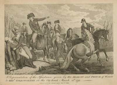 Een voorstelling van de hulp die Zijne Majesteit en de Prins van Wales verleenden aan generaal Goldsworthy in de City Road door English School
