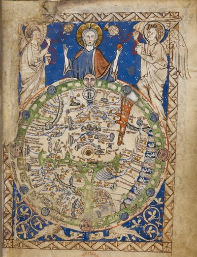 Een ronde kaart van de wereld, geplaatst in een vierkant ornamenteel kader, Jeruzalem in het centrum, met een zone van winden, figuren van inwoners, enz. door English School