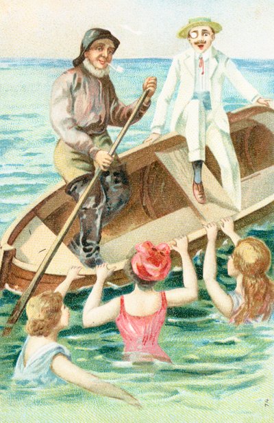 Een matroos roeit een boot terwijl baders aan de zijkant van de boot trekken door English School