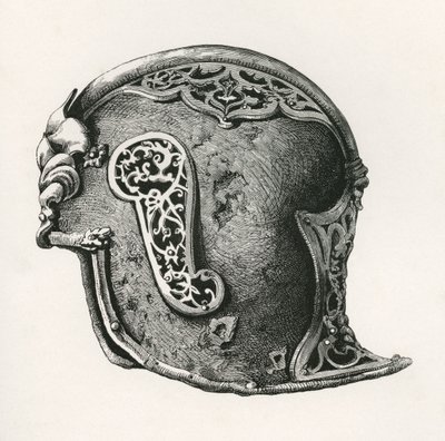 Een sallet, ook bekend als salade of schaller oorlogshoed, ca. 1450, uit The British Army: Its Origins, Progress and Equipment, gepubliceerd in 1868. door English School