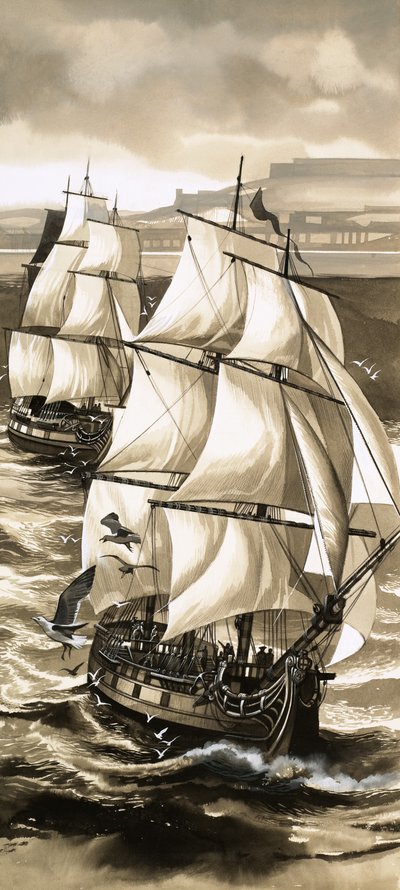 Een saluut van kanonnen begeleidde het vertrek van Jean de La Perouse op een ontdekkingsreis naar de Stille Oceaan. door English School