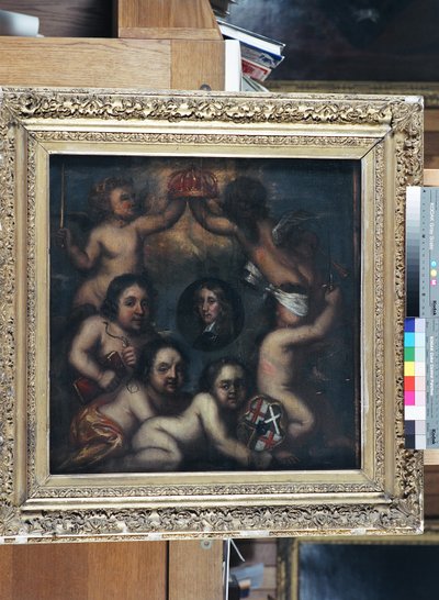 Een satire van Richard Cromwell die de kroon wordt aangeboden, ca.1659 door English School