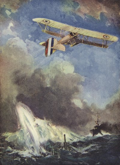 Een watervliegtuig dat een onderzeeër bombardeert door English School