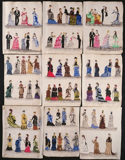 Een selectie van Victoriaanse mode, waaronder bal- en wandeljurken, c.1876 door English School