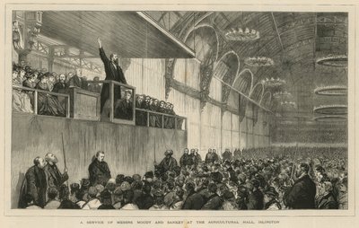 Een dienst van de heren Moody en Sankey in de Agricultural Hall, Islington door English School