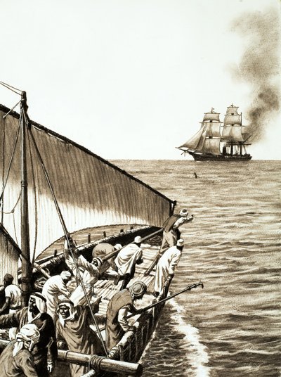 Een stoomschip aan de horizon, een Arabische dhow op de voorgrond door English School