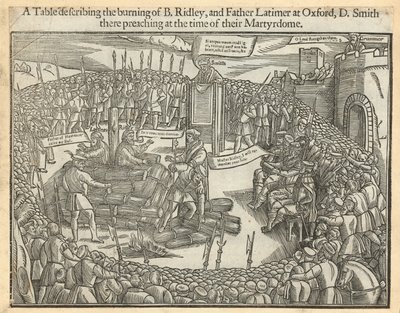 Een tabel die de verbranding van bisschop Ridley en vader Latimer in Oxford beschrijft door English School