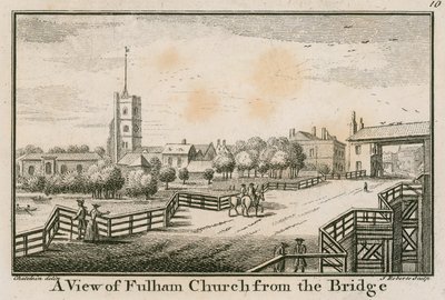 Een uitzicht op Fulham Church, Londen, vanaf de Fulham Bridge door English School