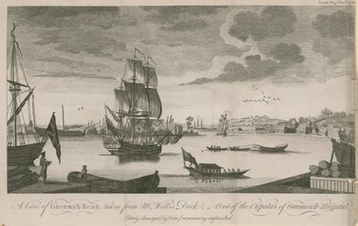 Een uitzicht op Greenwich Reach, genomen vanaf Mr Wellss Dock door English School