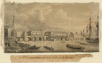 Een uitzicht op London Bridge voor de laatste wijziging zoals in het jaar 1757 door English School