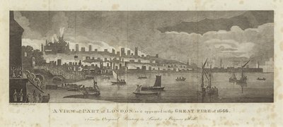 Een deel van Londen tijdens de Grote Brand van 1666 door English School
