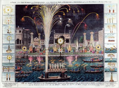 Een uitzicht op het vuurwerk en de verlichting bij de hertog van Richmond in White-hall en op de rivier de Theems, op maandag 15 mei 1749 door English School