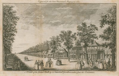 Een uitzicht op de Grote Wandelgang in Vauxhall Gardens, Londen, genomen vanaf de ingang door English School