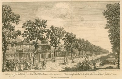 Een uitzicht op de Grote Wandelgang in Vauxhall-tuinen, Londen, vanaf de ingang door English School