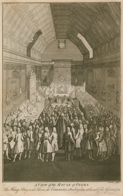 Een uitzicht op het House of Peers, de koning zittend op de troon door English School