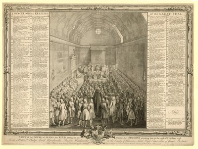 Een uitzicht op het Hogerhuis, de koning zittend op zijn troon, de Commons die hem bijwonen aan het einde van de zitting 1741 door English School