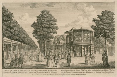 Een uitzicht op de Vauxhall Gardens, Londen, met de Grote Wandelgang bij de ingang van de tuin en het Orkest met de muziek spelend door English School