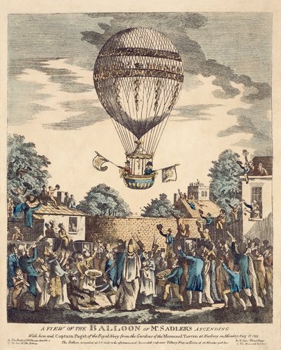 Gezicht op de ballon van Mr. Sadler die samen met hem en kapitein Paget van de Royal Navy opstijgt vanuit de tuinen van de Mermaid Tavern in Hackney op maandag 12 augustus. door English School