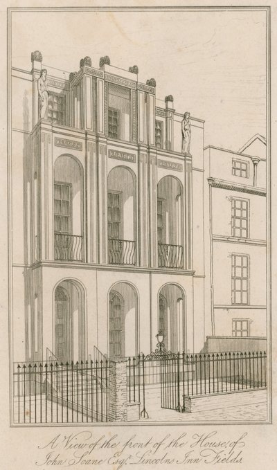 Een uitzicht op de voorkant van het huis van John Soane Esq, Lincolns Inn Fields, Londen door English School