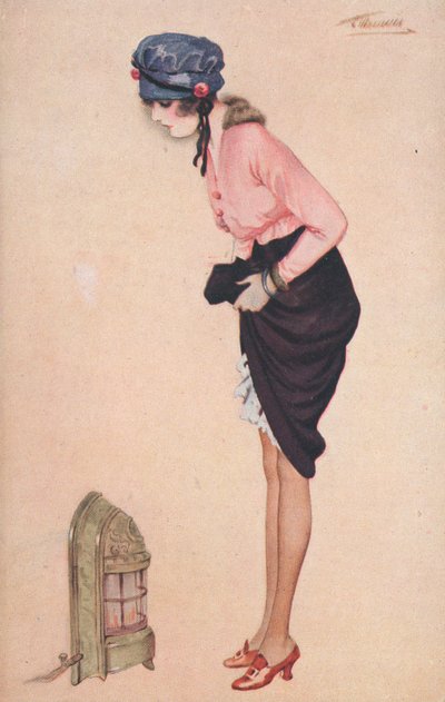 Een vrouw tilt haar rok op om haar benen te verwarmen bij een kleine kachel door English School