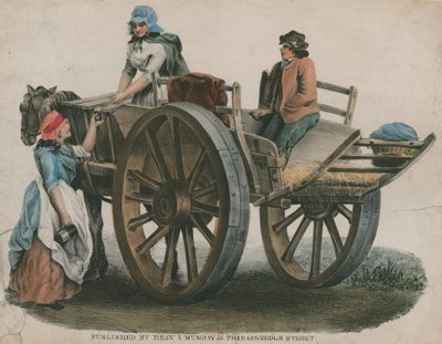 Een vrouw en een kind op een paard-en-wagen door English School