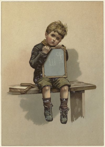 Een jonge jongen zit te huilen terwijl hij zijn kin op een schoolbord rust door English School