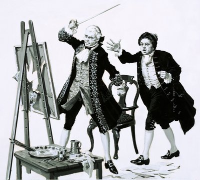 Een jonge man sneed een onvleiend portret van zijn vader door Hogarth met een zwaard door English School