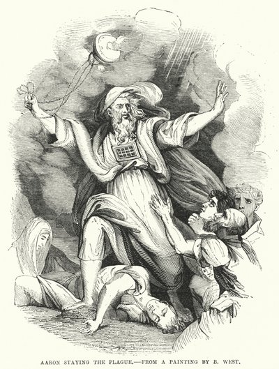 Aaron stopt de plaag, naar een schilderij van B West (gravure) door English School
