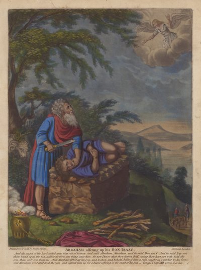 Abraham offert zijn zoon Isaak (kleurenlitho) door English School