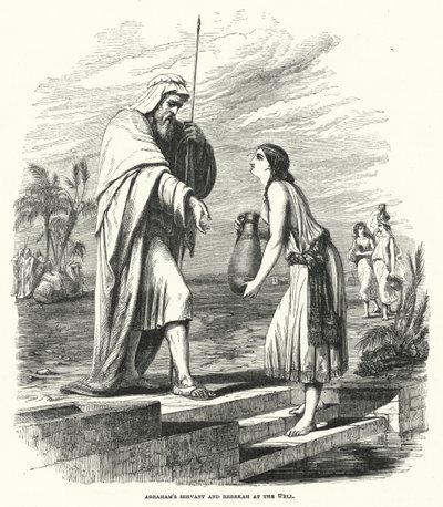 Abrahams dienaar en Rebekka bij de bron (gravure) door English School