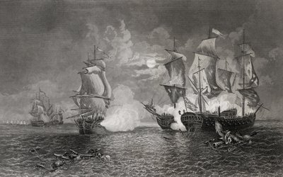 Actie tussen Bonhomme Richard en de Serapis, 23 september 1779 (gravure) door English School