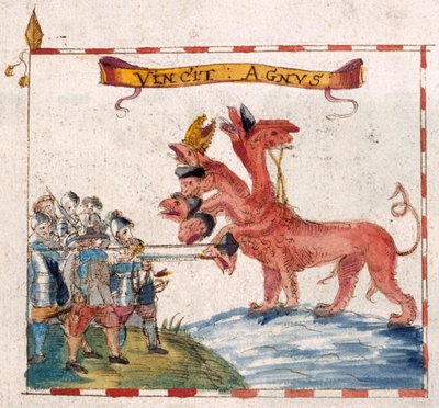 Parlementaire soldaten die het beest van de Apocalyps aanvallen, uit 