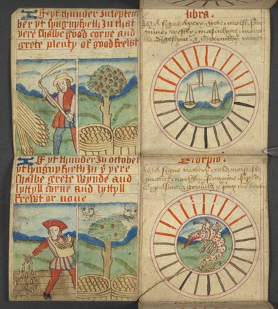 Weegschaal & Schorpioen, uit Almanak, met tabel van dominicale letters en gouden nummers; aanwijzingen om de beweegbare feesten te vinden; kalender van heiligen, tijdperken, lijst van Engelse vorsten, weersvoorspellingen, invloed van de tekens van door English School