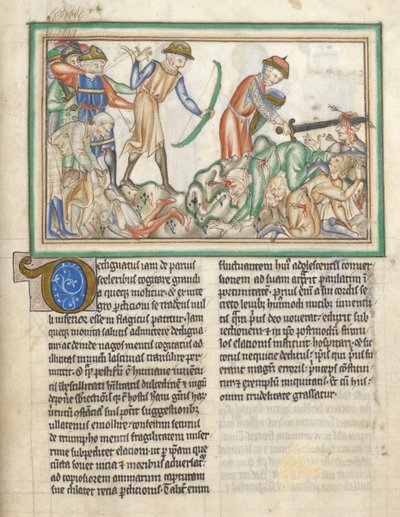 Add 35166 f.35 Mensen worden gedood, Bijbelse scènes uit de Apocalyps van St. Johannes, Apocalyps in het Latijn met commentaar door English School