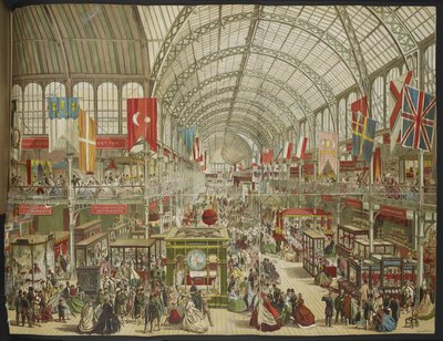 De Grote Tentoonstelling in Crystal Palace, met de vlaggen van verschillende naties door English School