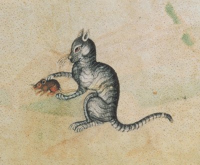 Een huiskat die met een muis speelt, uit de Luttrell Psalter, begonnen vóór 1340 voor Sir Geoffrey Luttrell (1276-1345) (detail) door English School