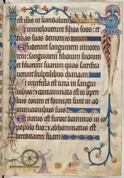 Add. 42130, f.193, Psalm 105, Vrouwen spinnen en kaarden wol, uit 