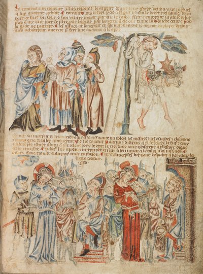 Judas geeft de dertig zilverstukken terug; de dood van Judas; Christus voor Pilatus en voor Herodes, uit Holkham Bible Picture Book, ca. 1320-30 door English School