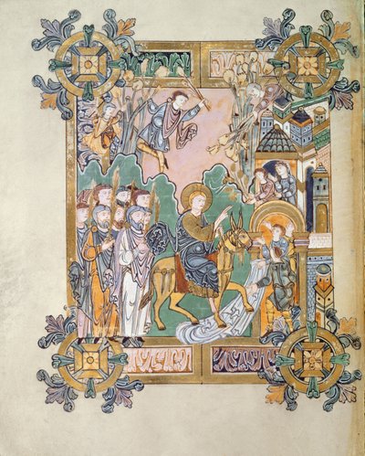 Intocht in Jeruzalem, uit de Benedictional van St. Aethelwold, Winchester, c.980 door English School