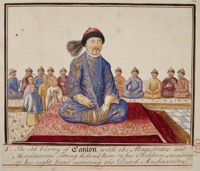 De onderkoning van Canton met magistraten en mandarijnen, zijn kinderen staan aan zijn rechterhand en ontvangen de Nederlandse ambassadeurs, uit 