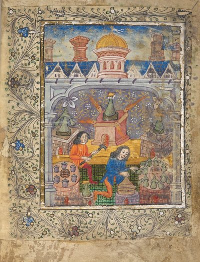 Zeven ovens met distilleerkolven, bediend door twee mannen, onder een dak met een koepel en schoorstenen, ca. 1477 door English School