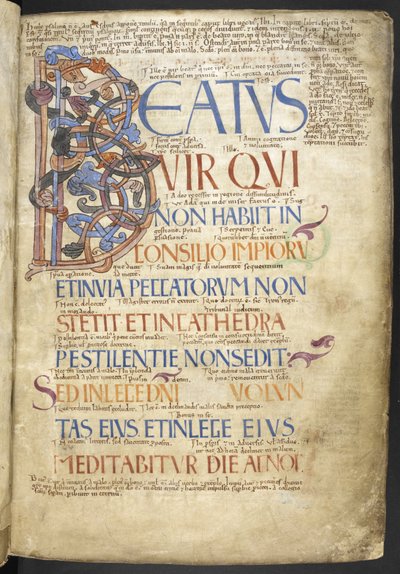 Add MS 37517, f. 4r, De Beatus-initiaal (Beatus vir), die het boek der Psalmen begint uit de 