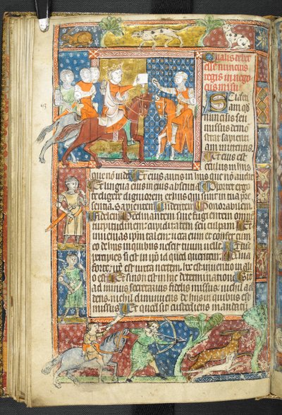Add MS 47680, f.40v, Koning (Alexander) en Aristoteles die een brief aan een boodschapper overhandigen, uit Secretum Secretorum door English School