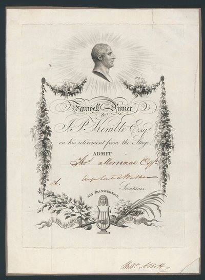 Toegangskaart voor diner ter viering van John Kembles afscheid van het toneel, 1819 door English School