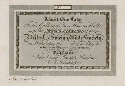 Toegangsbewijs voor de Jaarlijkse Buitenlandse Bijbelgenootschap in Freemasons Hall door English School