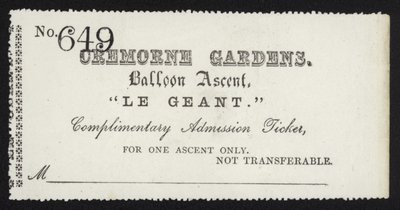 Toegangsbewijs voor de ballonvaart van Le Geant vanuit Cremorne Gardens, Londen door English School