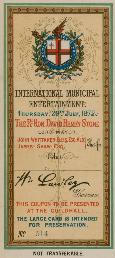 Toegangskaart voor Internationaal Gemeentelijk Vermaak in de Guildhall, Londen, op 29 juli 1875 door English School