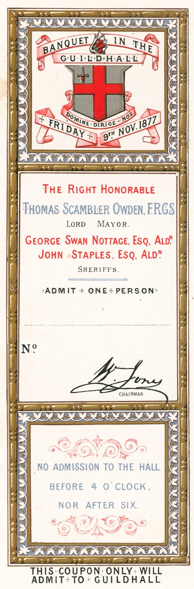 Toegangskaart voor een banket in de Guildhall, Londen, op 9 november 1877 door English School